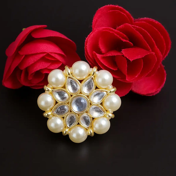 PEARL RING WITH KUNDAN AND GOLDEN PLATED WITH ADJUSTABLE SIZE